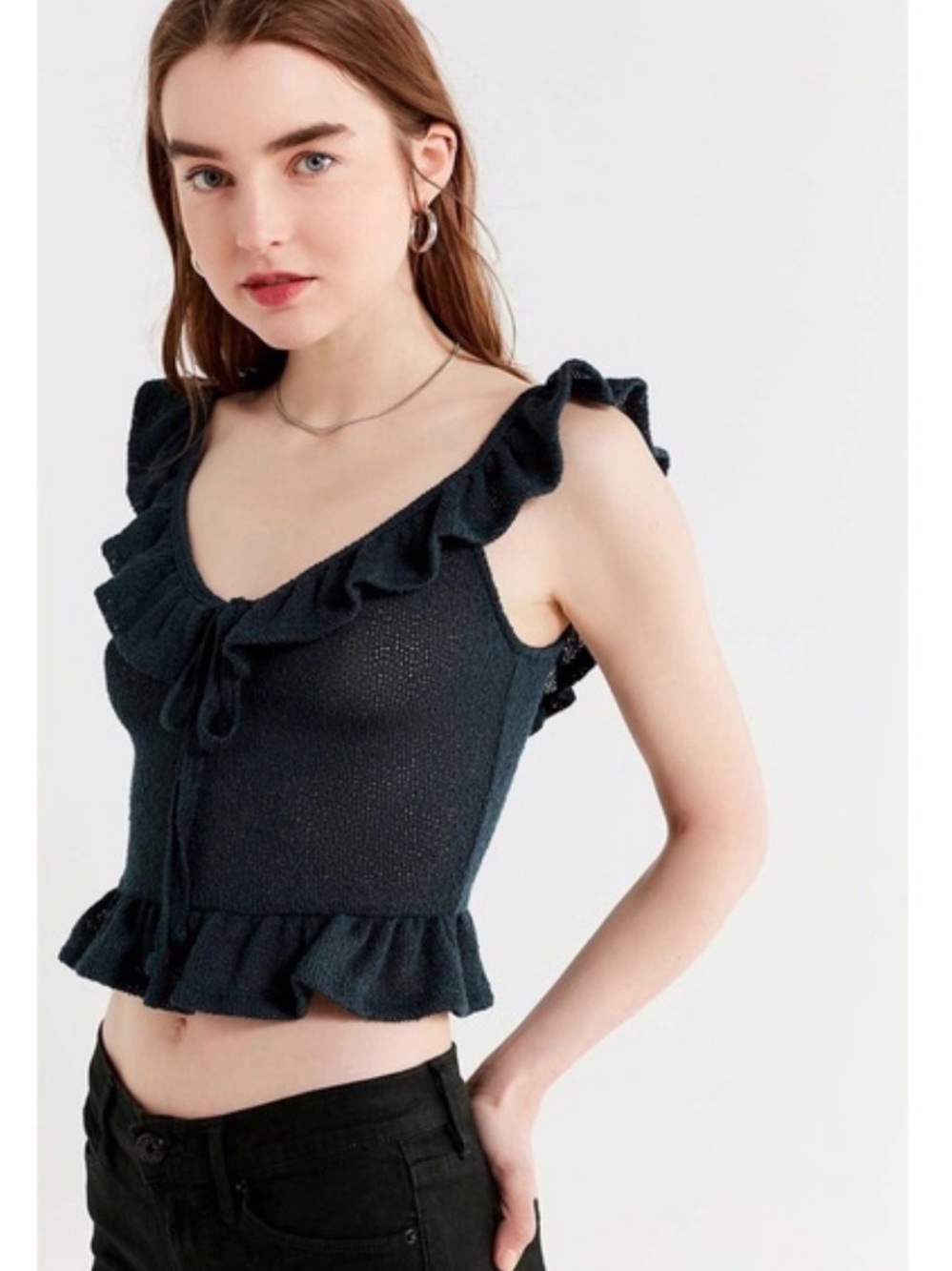 Urban Outfitters Black Ruffle Tie Front Sweater Knit Crop Tank Top Size L